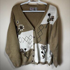 TanJay Women’s Large Cottagecore Tan/Brown Cotton Knit Top Floral Detail Buttons